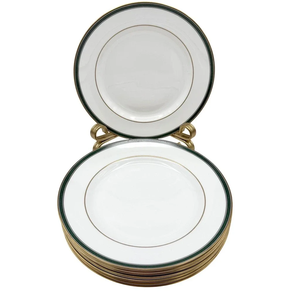 Vtg Spode Tuscana Salad Plates Set of 8 Green Gold Bone China Y8578-R England EX